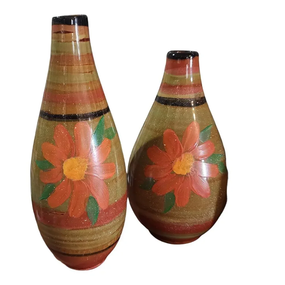 Small Ceramic Vase Set of 3 with Hand painted Floral Designs and Glazed Finish
